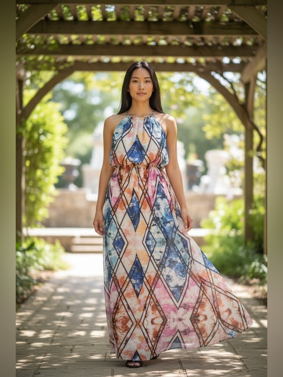 Lily Rose Dresses & Skirts - Lily Rose Multicolor Geometric Halter Sleeveless Maxi Dress, Size S